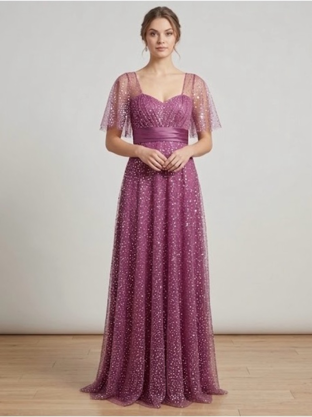 NWT Theia Aura Magenta Beaded Flutter Sleeve Formal Evening Gown 4